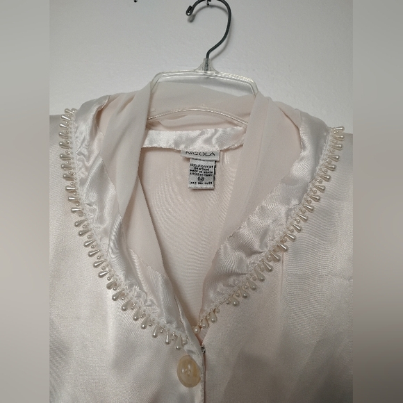Vintage Nicola Satin Button Up Bead Shawl Collar Sheer Long Sleeve - Picture 2 of 5